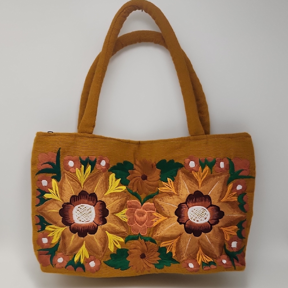 Handcrafted Guatemalan Vintage Mustard Floral Embroidered Tote Bag